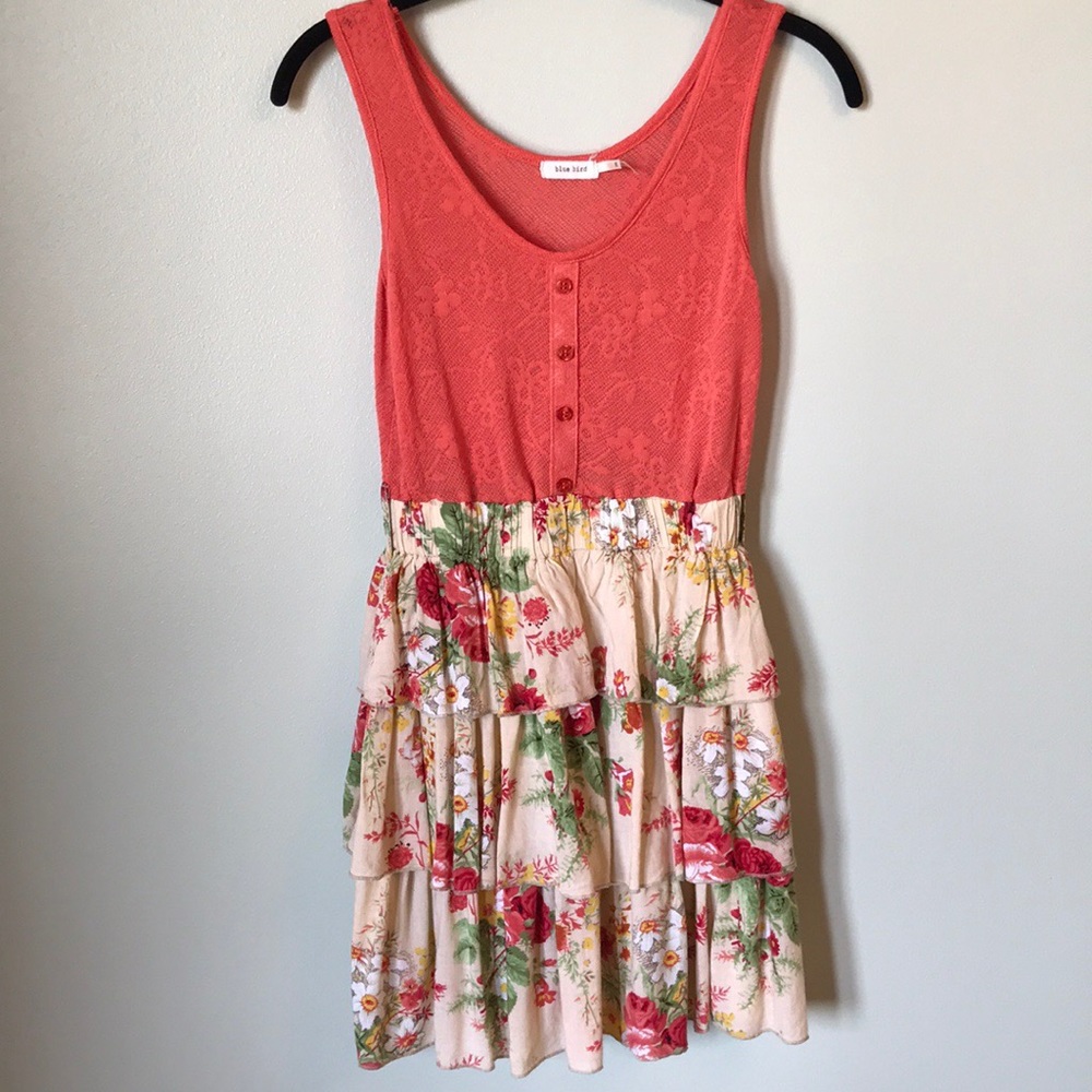 Blue Bird Coral Dress with Floral 3 Tiered Skirt